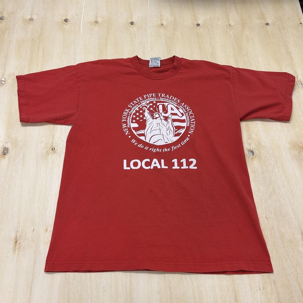 Vintage Union Made Local 112 Shirt Mens XL Red NY Pipe Trades Tee T-Shirt